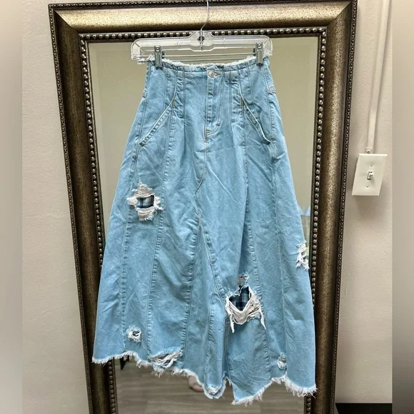 We The Free Riptide Denim Maxi Skirt | Sz 0 (XS) | Distressed Plaid Patchwork - Picture 2 of 9
